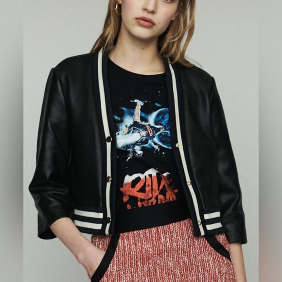 Maje Black and Cream Varsity Jacket leather cropped 3/4 sleeves 40 US 8 - Picture 1 of 8